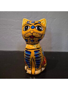 Hand-Painted Ceramic Cat Figurine - Vibrant Floral Dotted Design Made In Mexico